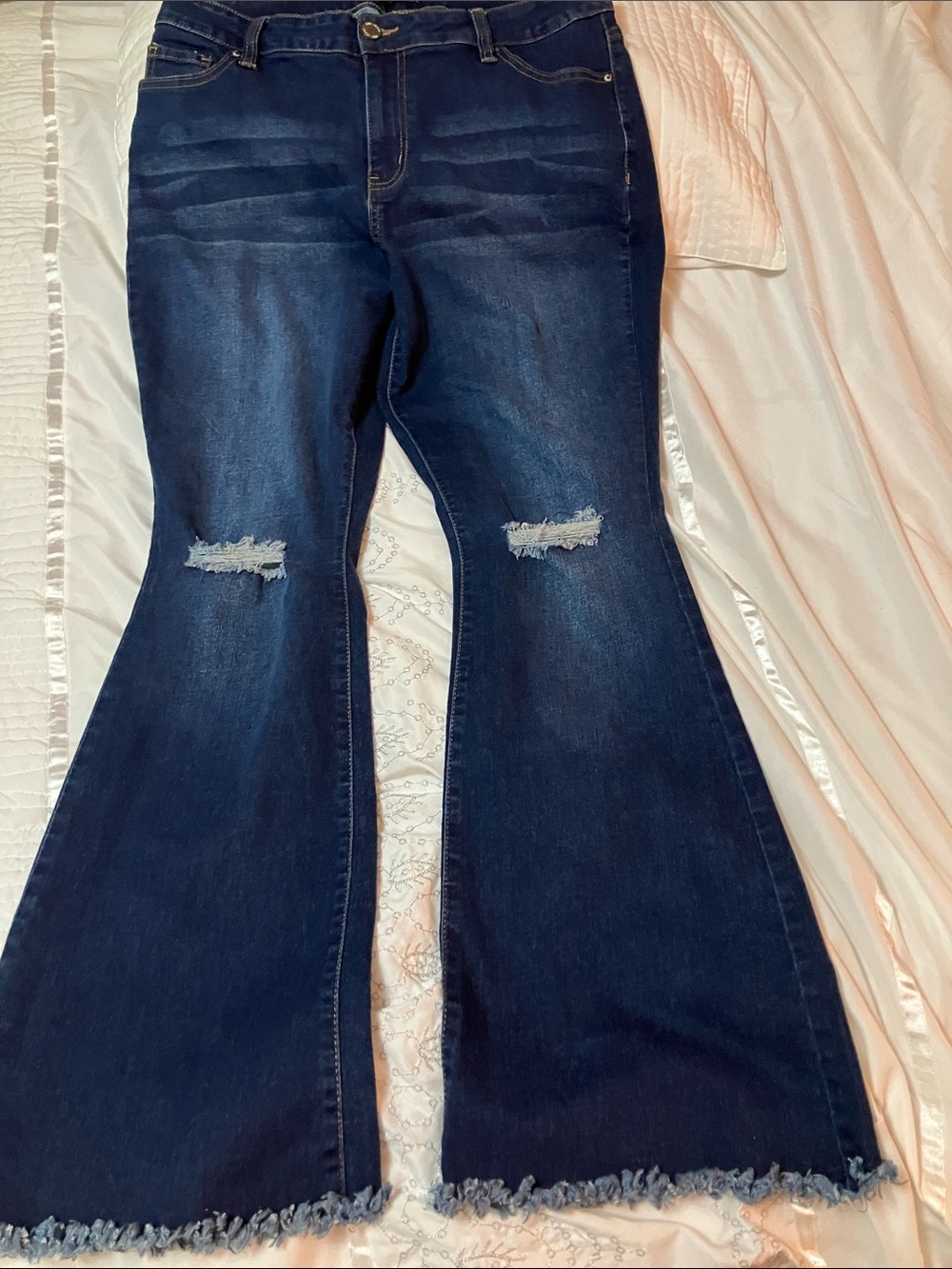 YMI Dark Indigo Distressed Flare Jeans with Frayed Hem